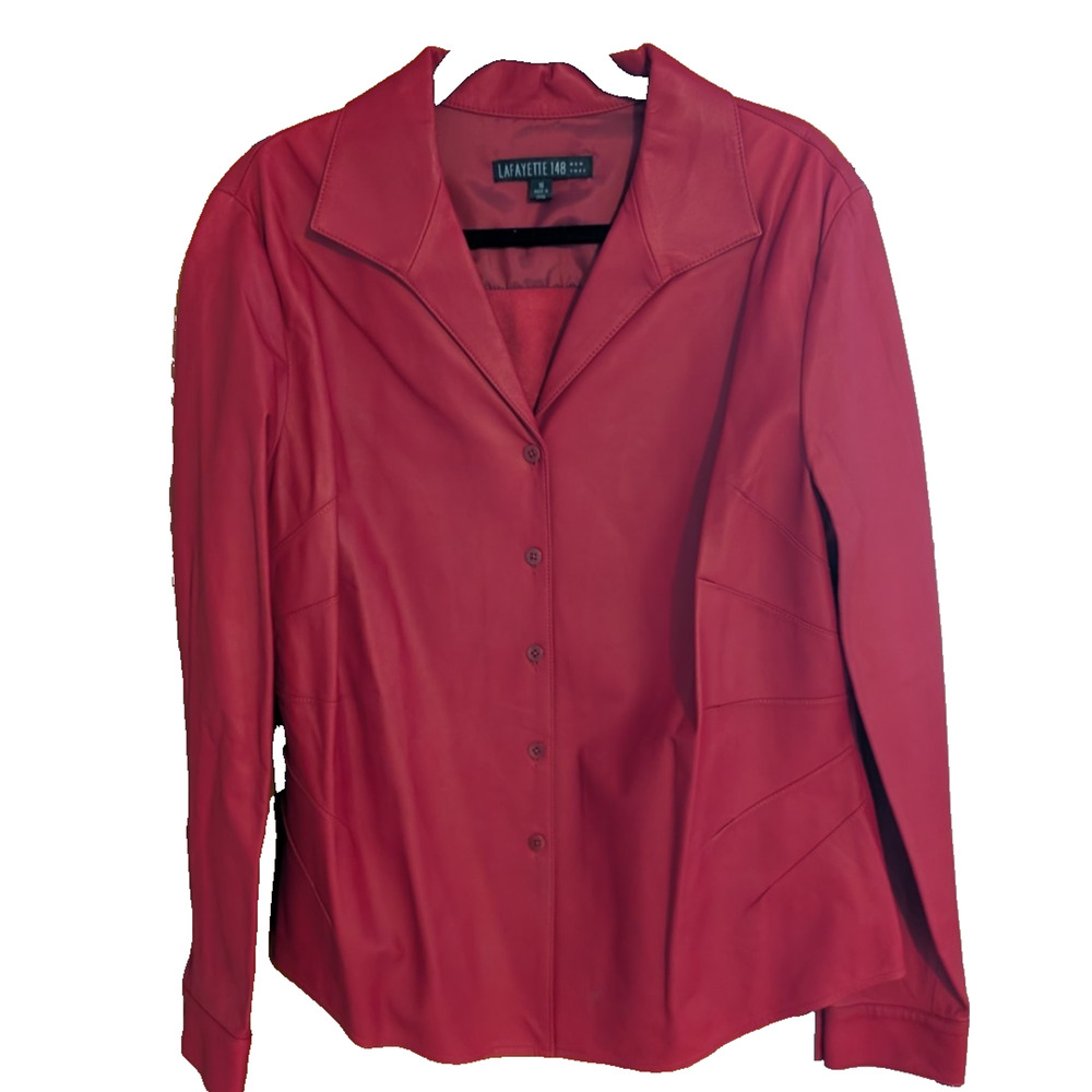 Lafayette 148 New York Lambskin Leather Button Up Shirt Red Size 16 NEW - Picture 1 of 8
